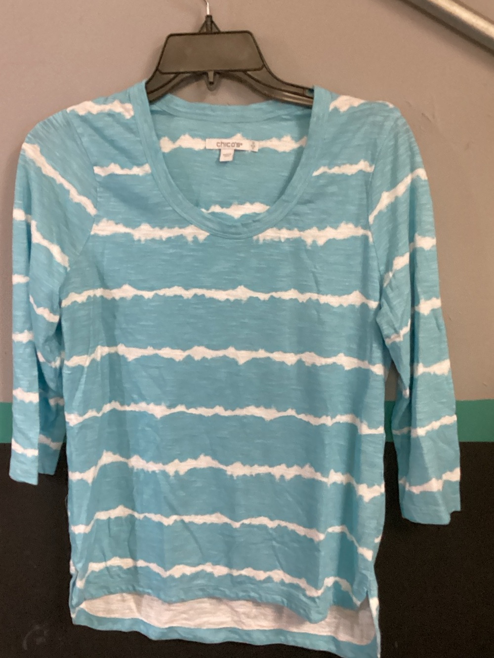 Chico's Aqua and White Striped Scoop Neck Top